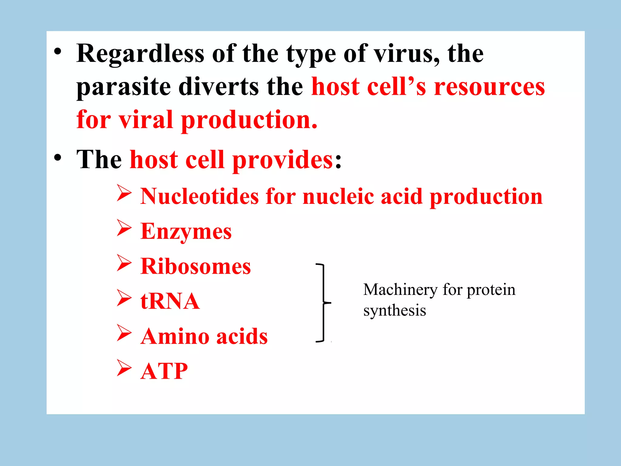 • Regardless of the type of virus, the
  parasite diverts the host cell’s resources
  for viral production.
• The host cell provides:
      Nucleotides for nucleic acid production
      Enzymes
      Ribosomes
                             Machinery for protein
      tRNA                  synthesis
      Amino acids
      ATP
 
