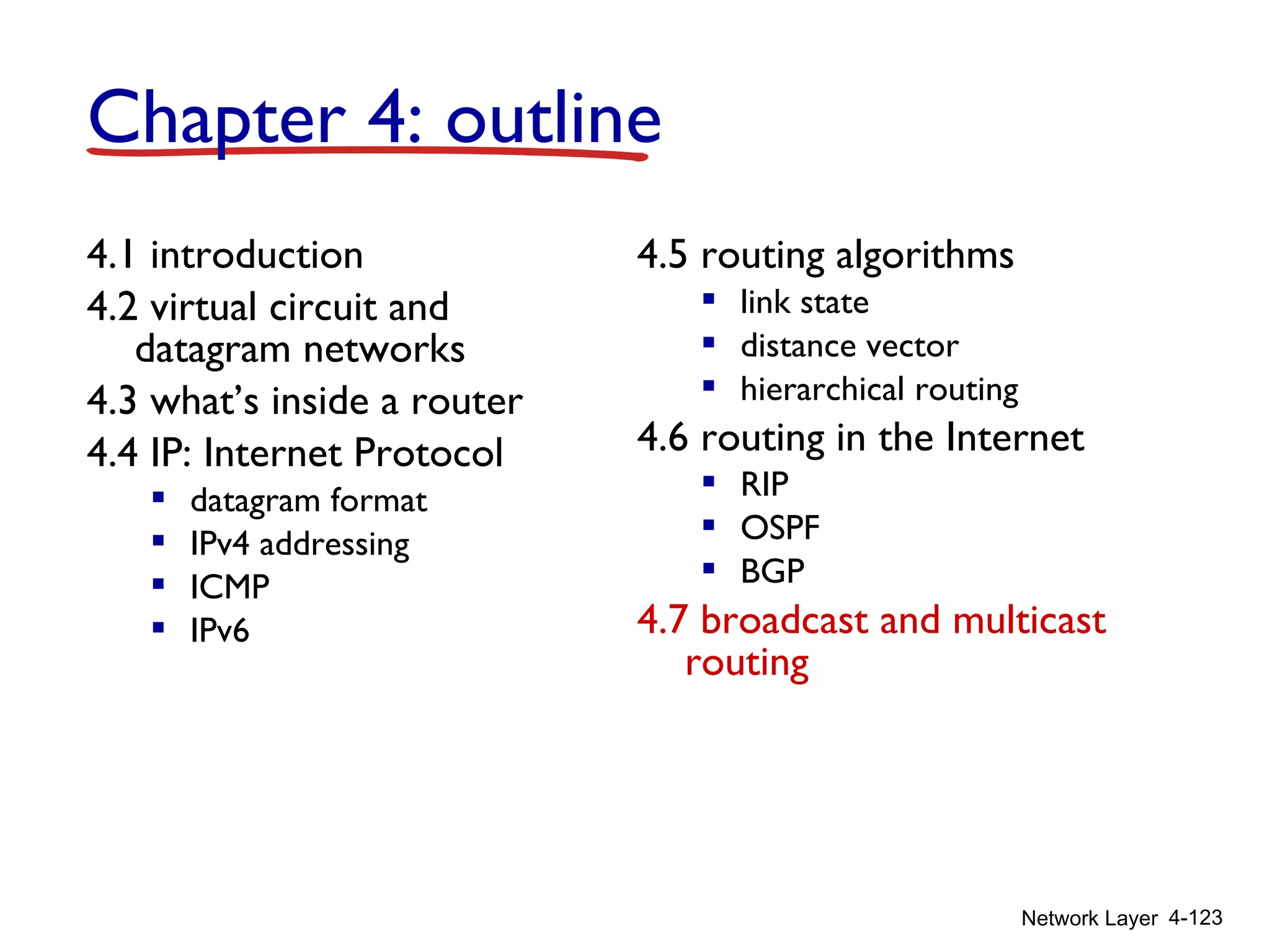Network Layer 4-123
4.1 introduction
4.2 virtual circuit and
datagram networks
4.3 what’s inside a router
4.4 IP: Internet Protocol
 datagram format
 IPv4 addressing
 ICMP
 IPv6
4.5 routing algorithms
 link state
 distance vector
 hierarchical routing
4.6 routing in the Internet
 RIP
 OSPF
 BGP
4.7 broadcast and multicast
routing
Chapter 4: outline
 