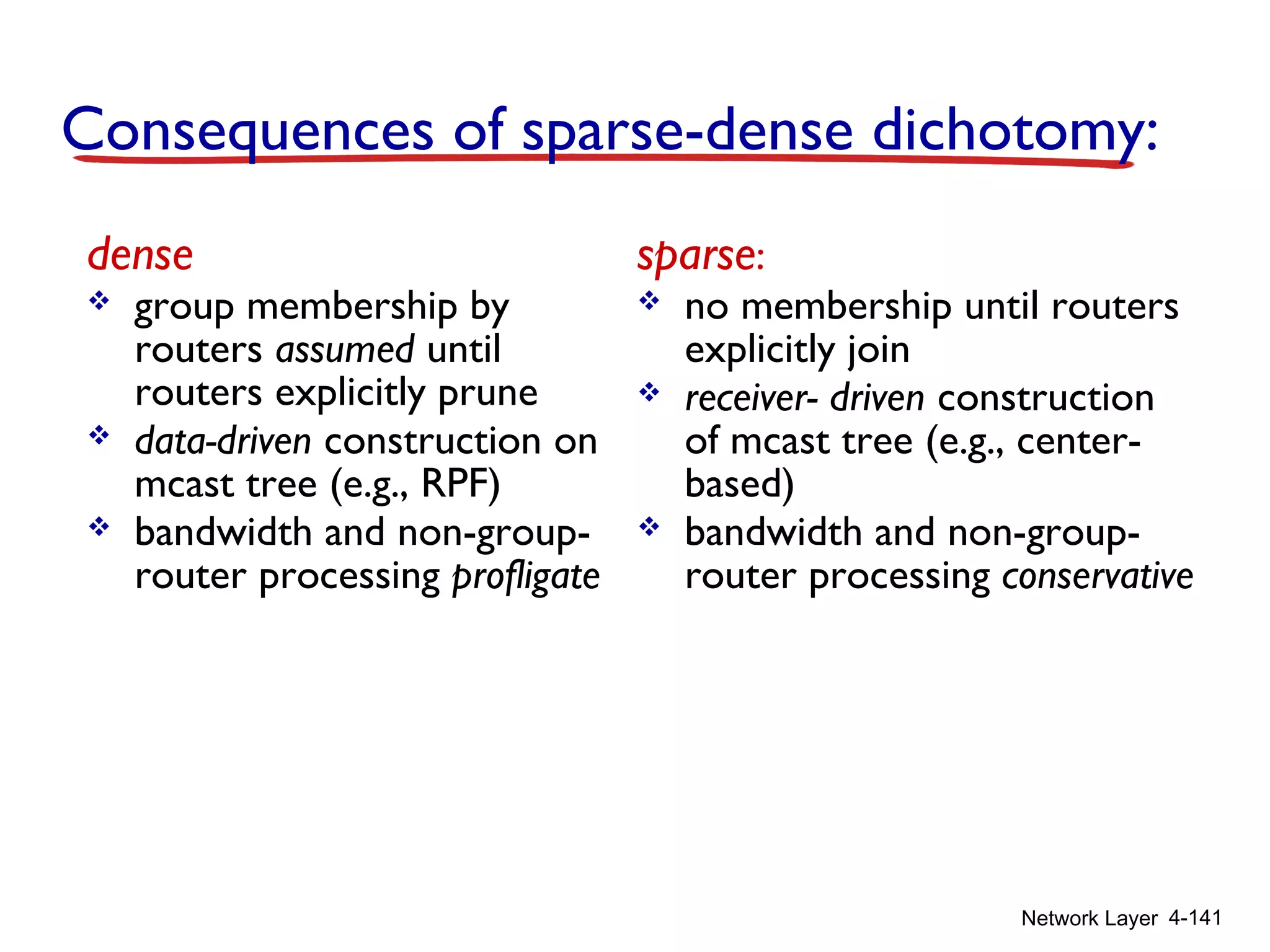 Network Layer 4-141
Consequences of sparse-dense dichotomy:
dense
 group membership by
routers assumed until
routers explicitly prune
 data-driven construction on
mcast tree (e.g., RPF)
 bandwidth and non-group-
router processing profligate
sparse:
 no membership until routers
explicitly join
 receiver- driven construction
of mcast tree (e.g., center-
based)
 bandwidth and non-group-
router processing conservative
 