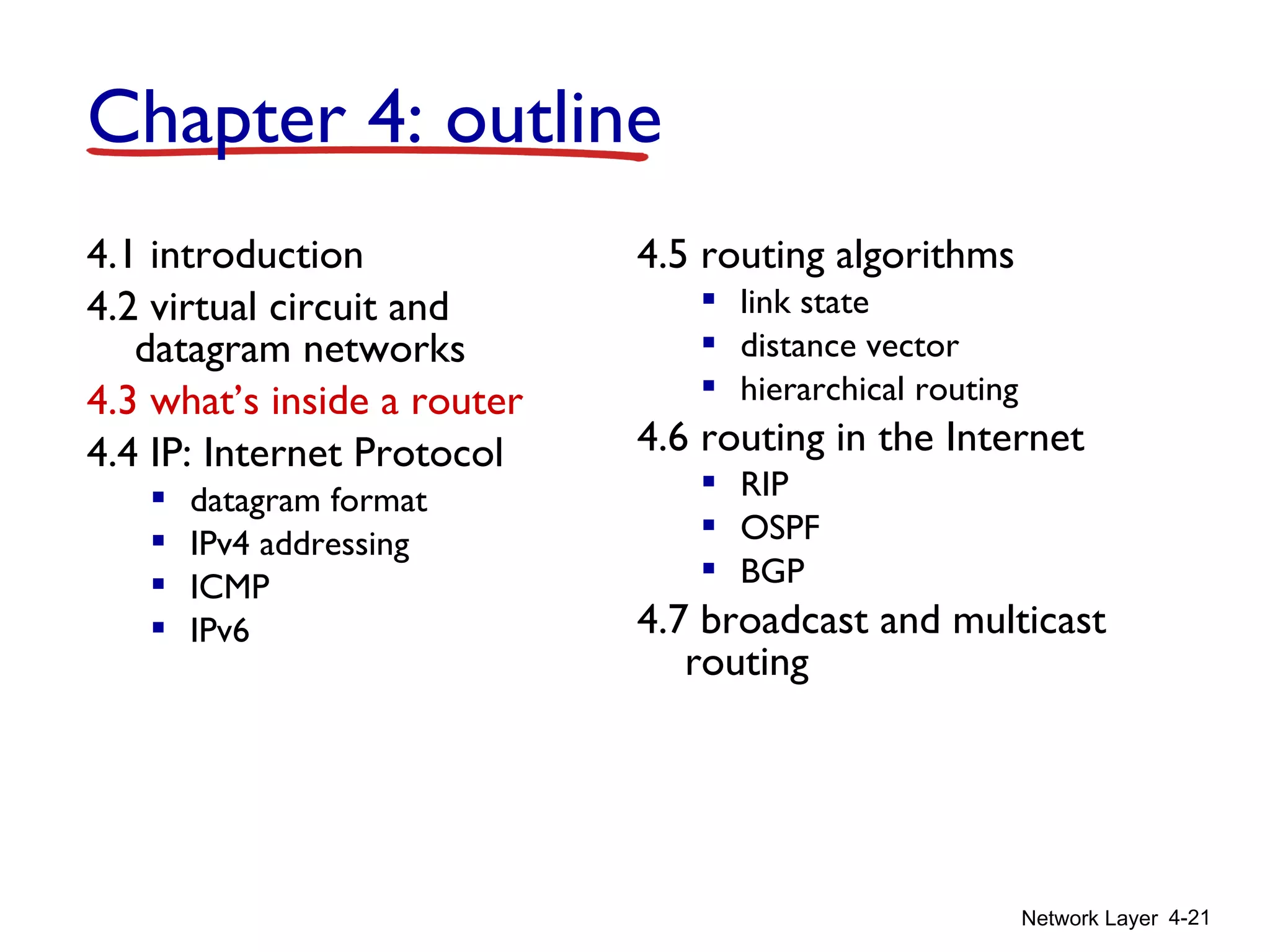 Network Layer 4-21
4.1 introduction
4.2 virtual circuit and
datagram networks
4.3 what’s inside a router
4.4 IP: Internet Protocol
 datagram format
 IPv4 addressing
 ICMP
 IPv6
4.5 routing algorithms
 link state
 distance vector
 hierarchical routing
4.6 routing in the Internet
 RIP
 OSPF
 BGP
4.7 broadcast and multicast
routing
Chapter 4: outline
 