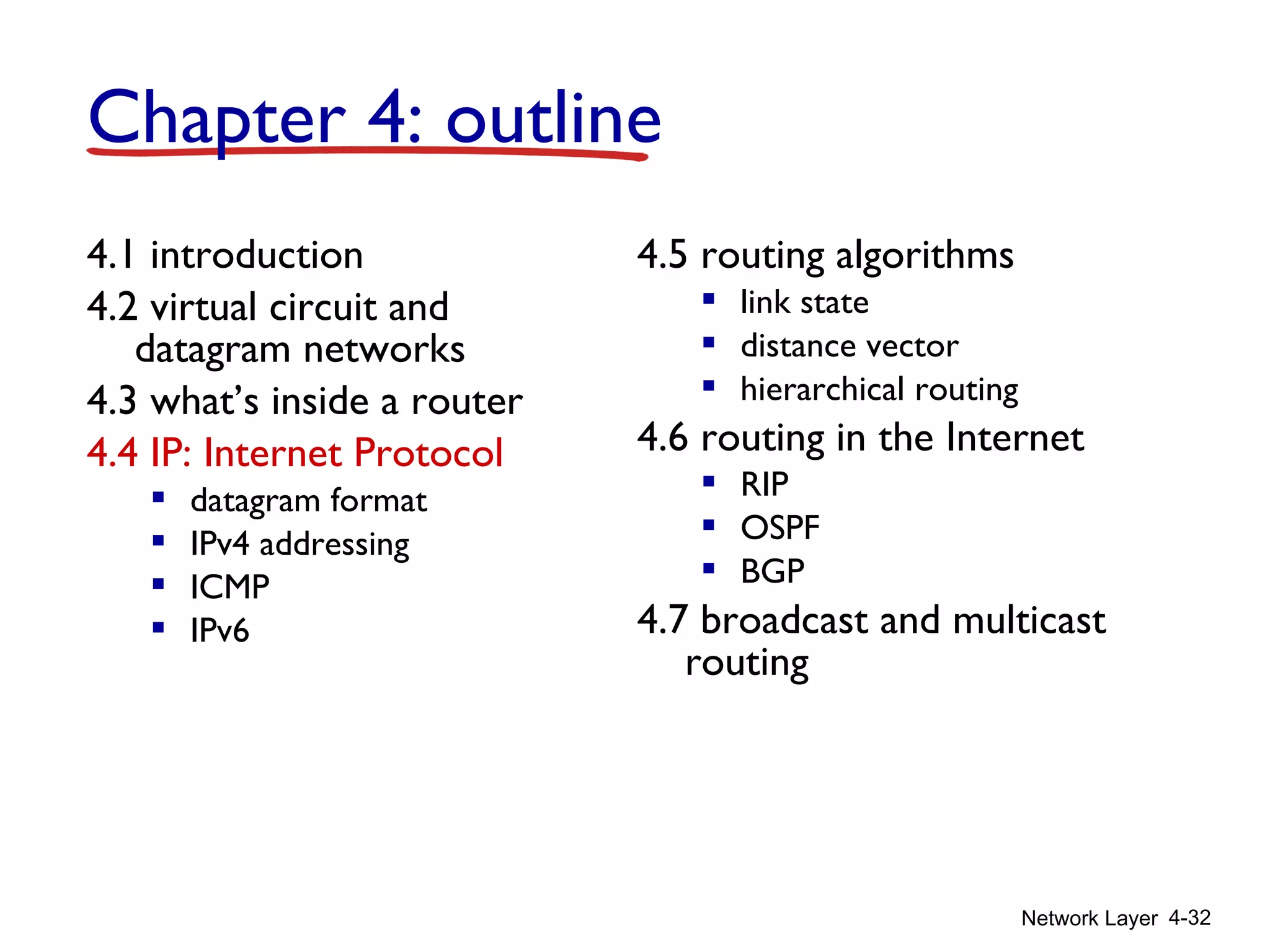 Network Layer 4-32
4.1 introduction
4.2 virtual circuit and
datagram networks
4.3 what’s inside a router
4.4 IP: Internet Protocol
 datagram format
 IPv4 addressing
 ICMP
 IPv6
4.5 routing algorithms
 link state
 distance vector
 hierarchical routing
4.6 routing in the Internet
 RIP
 OSPF
 BGP
4.7 broadcast and multicast
routing
Chapter 4: outline
 