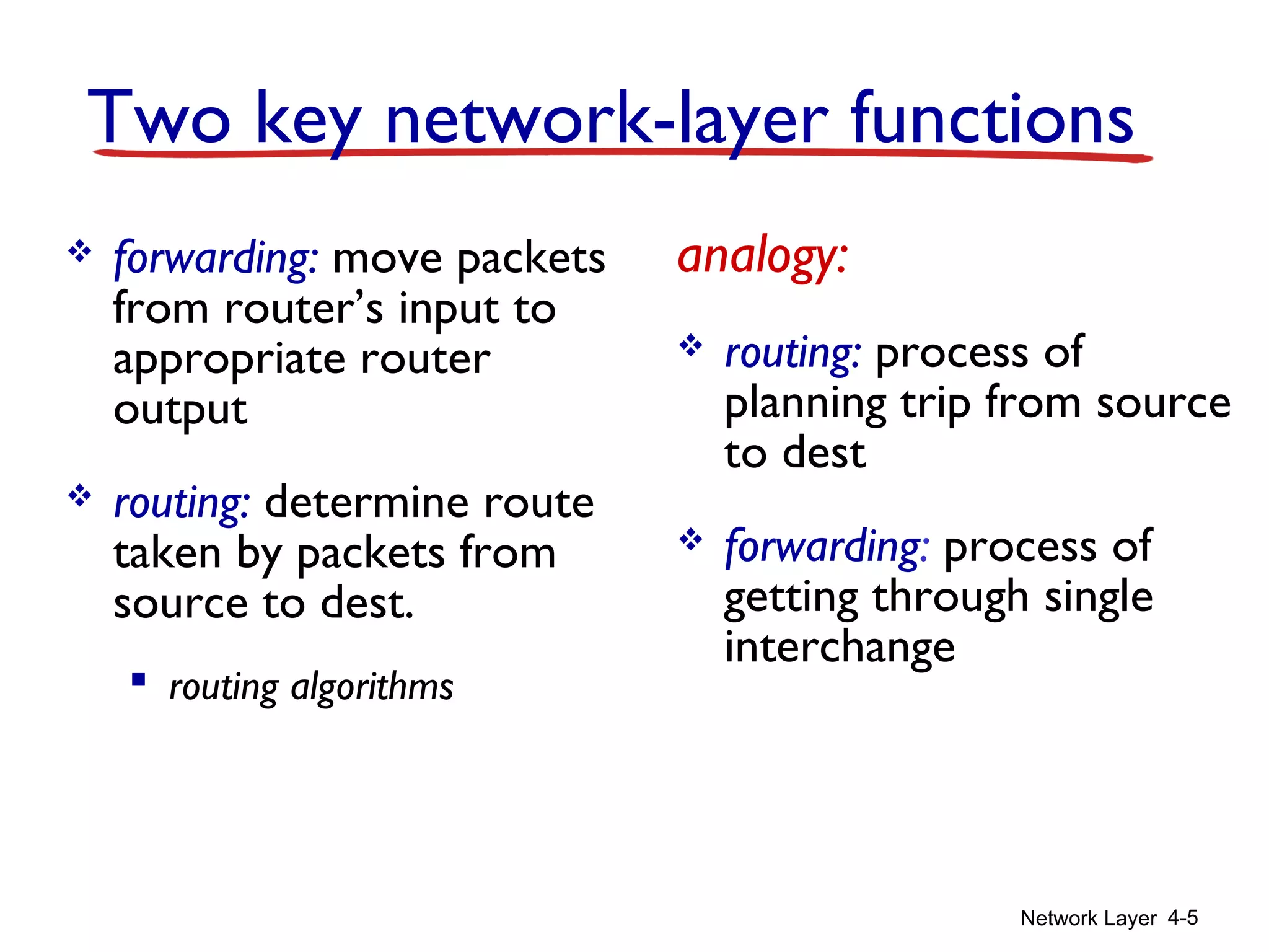 Network Layer 4-5
Two key network-layer functions
 forwarding: move packets
from router’s input to
appropriate router
output
 routing: determine route
taken by packets from
source to dest.
 routing algorithms
analogy:
 routing: process of
planning trip from source
to dest
 forwarding: process of
getting through single
interchange
 