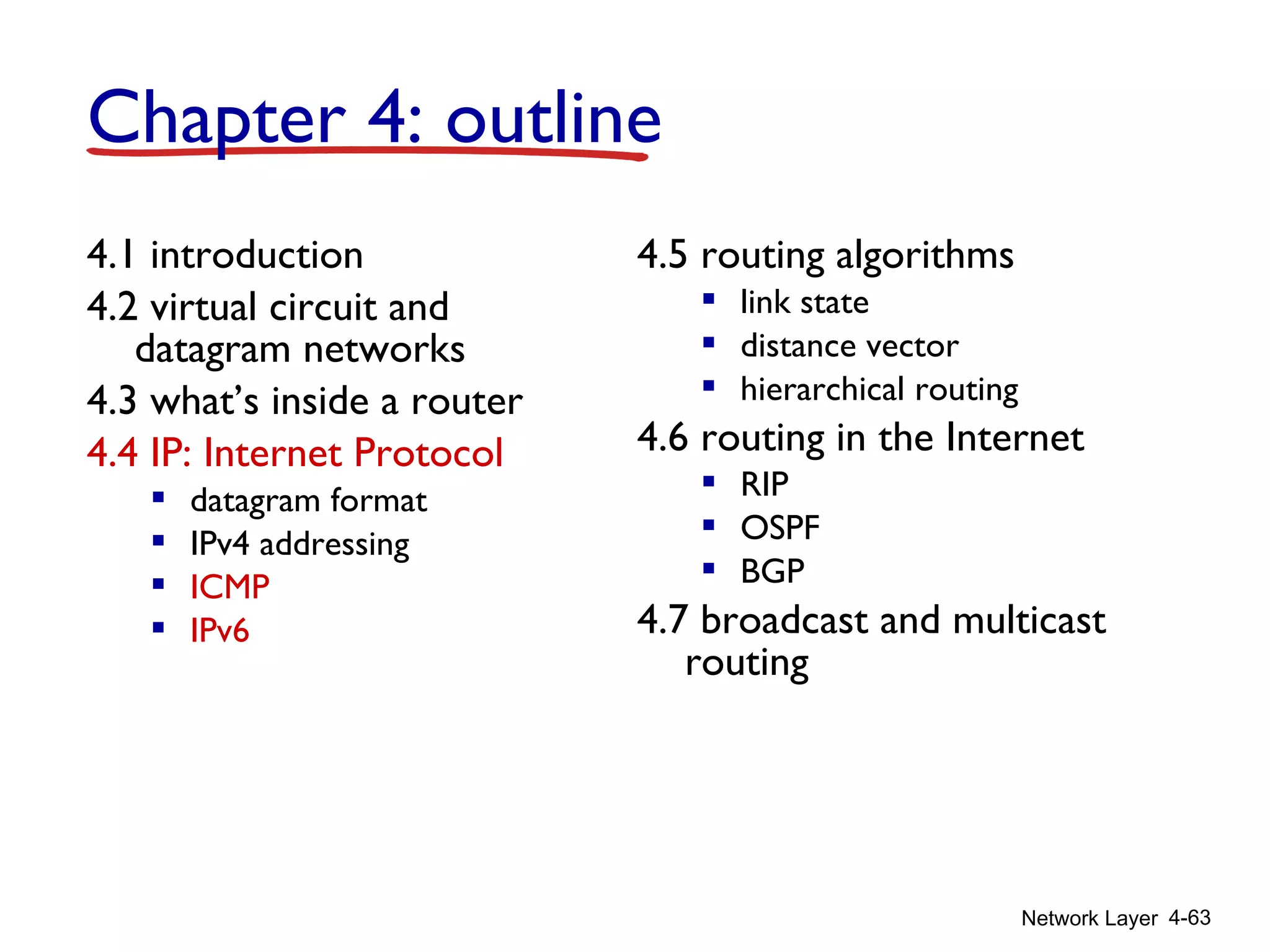 Network Layer 4-63
4.1 introduction
4.2 virtual circuit and
datagram networks
4.3 what’s inside a router
4.4 IP: Internet Protocol
 datagram format
 IPv4 addressing
 ICMP
 IPv6
4.5 routing algorithms
 link state
 distance vector
 hierarchical routing
4.6 routing in the Internet
 RIP
 OSPF
 BGP
4.7 broadcast and multicast
routing
Chapter 4: outline
 