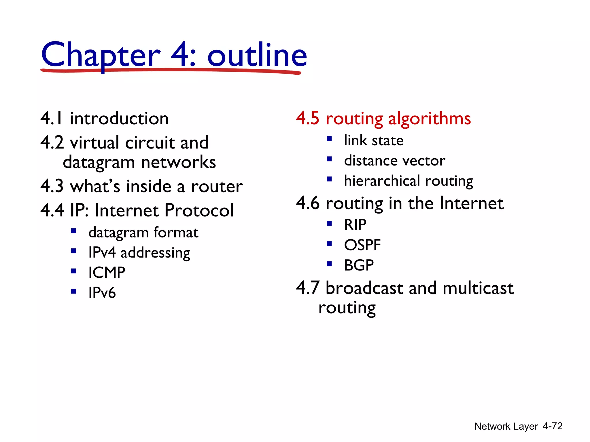 Network Layer 4-72
4.1 introduction
4.2 virtual circuit and
datagram networks
4.3 what’s inside a router
4.4 IP: Internet Protocol
 datagram format
 IPv4 addressing
 ICMP
 IPv6
4.5 routing algorithms
 link state
 distance vector
 hierarchical routing
4.6 routing in the Internet
 RIP
 OSPF
 BGP
4.7 broadcast and multicast
routing
Chapter 4: outline
 