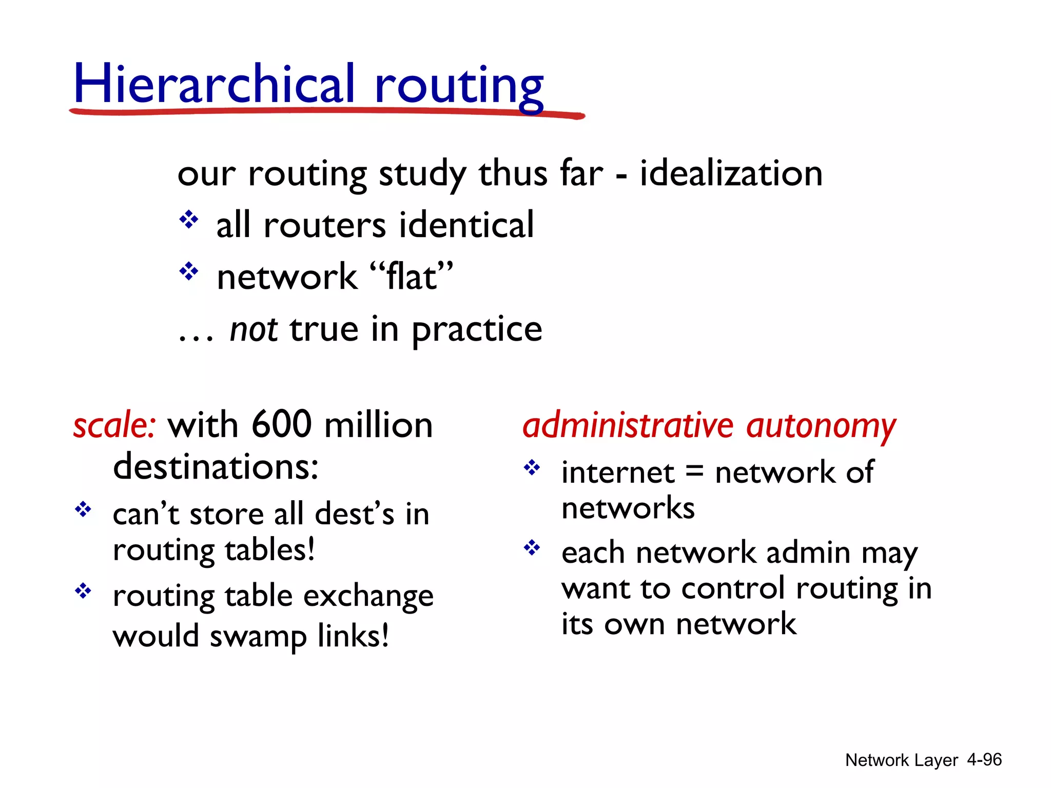 Network Layer 4-96
Hierarchical routing
scale: with 600 million
destinations:
 can’t store all dest’s in
routing tables!
 routing table exchange
would swamp links!
administrative autonomy
 internet = network of
networks
 each network admin may
want to control routing in
its own network
our routing study thus far - idealization
 all routers identical
 network “flat”
… not true in practice
 