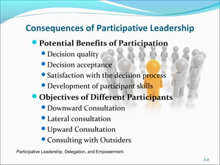 Consequences of Participative Leadership
Potential Benefits of Participation
Decision quality
Decision acceptance
Satisfaction with the decision process
Development of participant skills
Objectives of Different Participants
Downward Consultation
Lateral consultation
Upward Consultation
Consulting with Outsiders
Participative Leadership, Delegation, and Empowerment
3-4
 