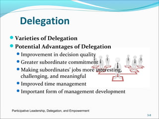Delegation
Participative Leadership, Delegation, and Empowerment
3-8
Varieties of Delegation
Potential Advantages of Delegation
Improvement in decision quality
Greater subordinate commitment
Making subordinates’ jobs more interesting,
challenging, and meaningful
Improved time management
Important form of management development
 