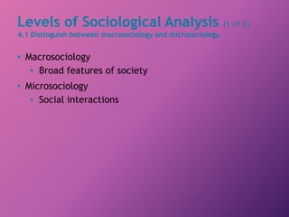 Levels of Sociological Analysis (1 of 2)
4.1 Distinguish between macrosociology and microsociology.
• Macrosociology
• Broad features of society
• Microsociology
• Social interactions
 