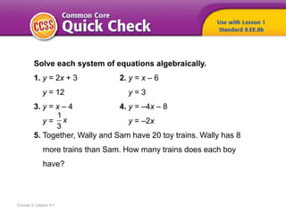Course 3, Lesson 4-1
Solve each system of equations algebraically.
1. y = 2x + 3 2. y = x – 6
y = 12 y = 3
3. y = x – 4 4. y = –4x – 8
y = y = –2x
5. Together, Wally and Sam have 20 toy trains. Wally has 8
more trains than Sam. How many trains does each boy
have?
1
3
x
 