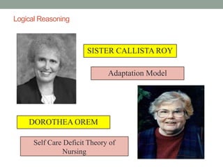 Logical Reasoning
SISTER CALLISTA ROY
Adaptation Model
DOROTHEA OREM
Self Care Deficit Theory of
Nursing
 