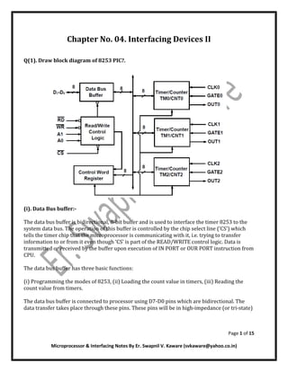 Page 1 of 15
Microprocessor & Interfacing Notes By Er. Swapnil V. Kaware (svkaware@yahoo.co.in)
Chapter No. 04. Interfacing Devices II
Q(1). Draw block diagram of 8253 PIC?.
(i). Data Bus buffer:-
The data bus buffer is bidirectional, 8-bit buffer and is used to interface the timer 8253 to the
system data bus. The operation of this buffer is controlled by the chip select line (‘CS’) which
tells the timer chip that the microprocessor is communicating with it, i.e. trying to transfer
information to or from it even though ‘CS’ is part of the READ/WRITE control logic. Data is
transmitted or received by the buffer upon execution of IN PORT or OUR PORT instruction from
CPU.
The data bus buffer has three basic functions:
(i) Programming the modes of 8253, (ii) Loading the count value in timers, (iii) Reading the
count value from timers.
The data bus buffer is connected to processor using D7-D0 pins which are bidirectional. The
data transfer takes place through these pins. These pins will be in high-impedance (or tri-state)
 