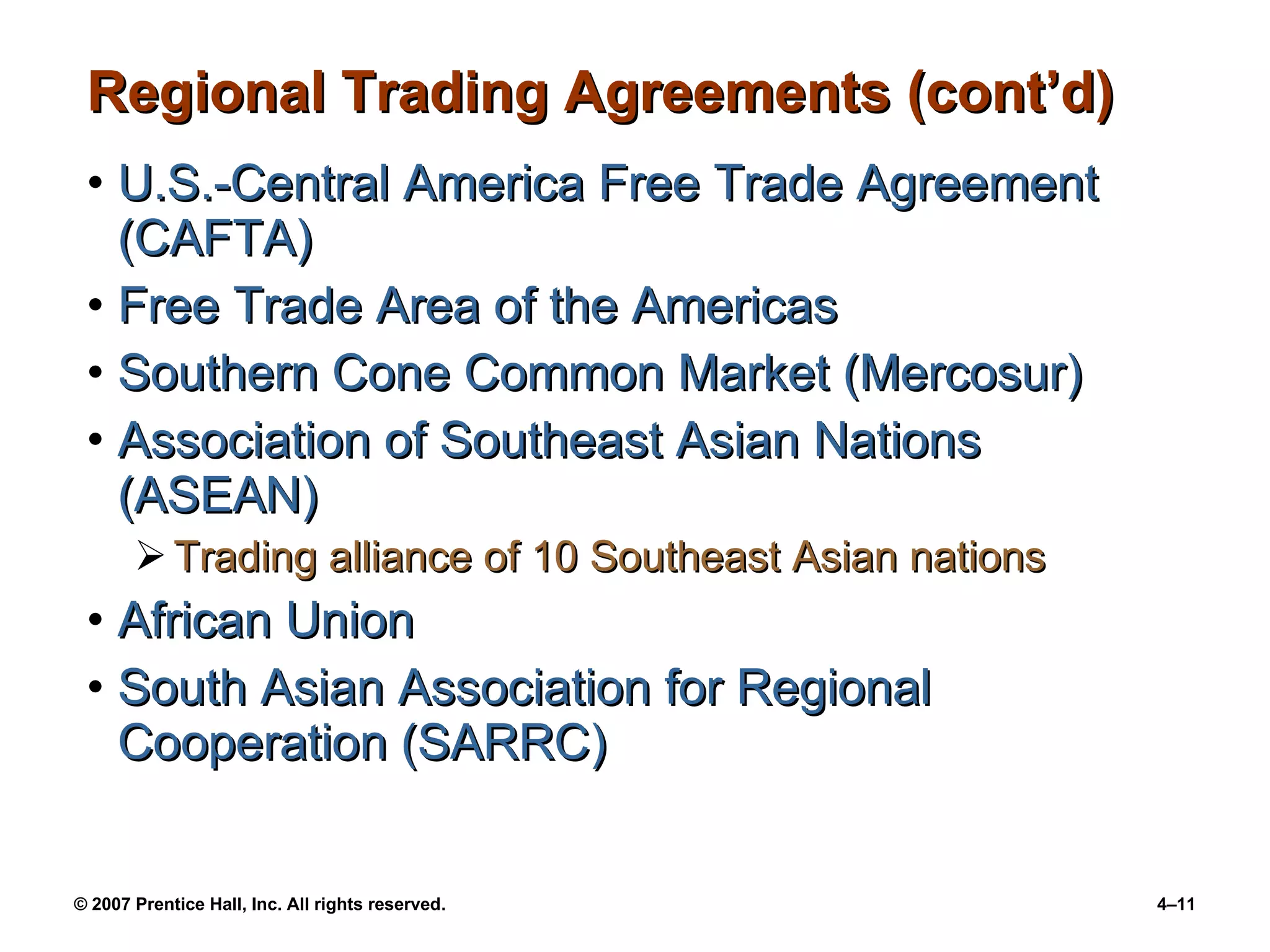 Regional Trading Agreements (cont’d) U.S.-Central America Free Trade Agreement (CAFTA) Free Trade Area of the Americas Southern Cone Common Market (Mercosur) Association of Southeast Asian Nations (ASEAN) Trading alliance of 10 Southeast Asian nations African Union South Asian Association for Regional Cooperation (SARRC) 