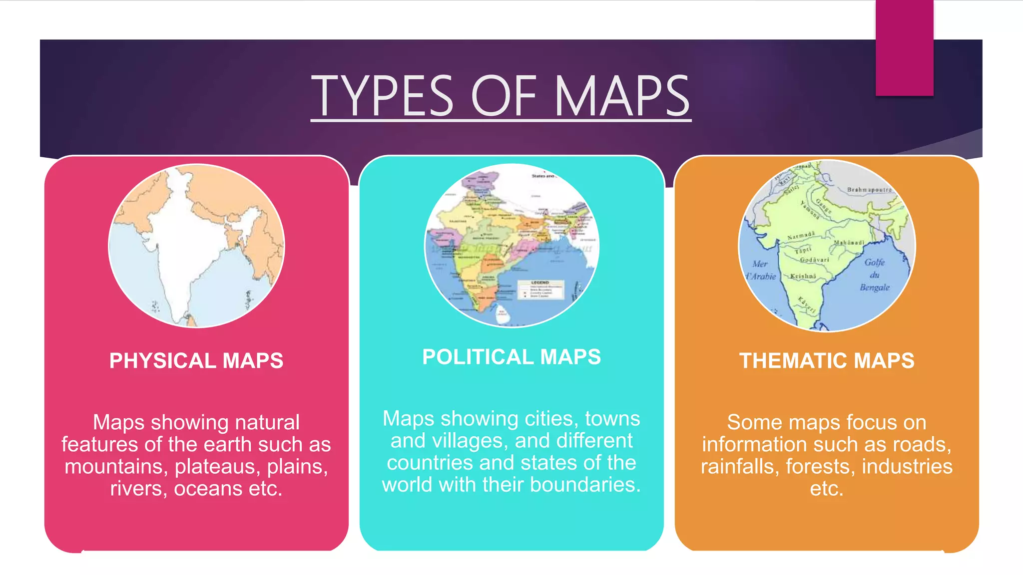 TYPES OF MAPS
PHYSICAL MAPS
Maps showing natural
features of the earth such as
mountains, plateaus, plains,
rivers, oceans etc.
POLITICAL MAPS
Maps showing cities, towns
and villages, and different
countries and states of the
world with their boundaries.
THEMATIC MAPS
Some maps focus on
information such as roads,
rainfalls, forests, industries
etc.
 