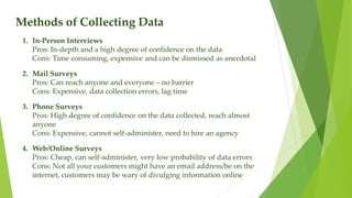 Methods of Collecting Data
1. In-Person Interviews
Pros: In-depth and a high degree of confidence on the data
Cons: Time consuming, expensive and can be dismissed as anecdotal
2. Mail Surveys
Pros: Can reach anyone and everyone – no barrier
Cons: Expensive, data collection errors, lag time
3. Phone Surveys
Pros: High degree of confidence on the data collected, reach almost
anyone
Cons: Expensive, cannot self-administer, need to hire an agency
4. Web/Online Surveys
Pros: Cheap, can self-administer, very low probability of data errors
Cons: Not all your customers might have an email address/be on the
internet, customers may be wary of divulging information online
 