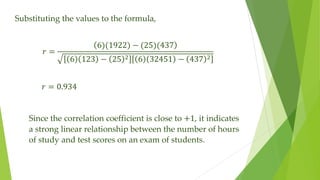 Substituting the values to the formula,
𝑟 =
6)(1922) − (25)(437
6 123 − 25 2 6 32451 − 437 2
𝑟 = 0.934
Since the correlation coefficient is close to +1, it indicates
a strong linear relationship between the number of hours
of study and test scores on an exam of students.
 