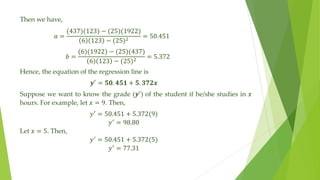 Then we have,
𝑎 =
(437)(123) − (25)(1922)
6 123 − (25)2
= 50.451
𝑏 =
(6)(1922) − (25)(437)
6 123 − (25)2
= 5.372
Hence, the equation of the regression line is
𝒚′
= 𝟓𝟎. 𝟒𝟓𝟏 + 𝟓. 𝟑𝟕𝟐𝒙
Suppose we want to know the grade (𝒚′
) of the student if he/she studies in x
hours. For example, let 𝑥 = 9. Then,
𝑦′
= 50.451 + 5.372(9)
𝑦′
= 98.80
Let 𝑥 = 5. Then,
𝑦′
= 50.451 + 5.372(5)
𝑦′
= 77.31
 