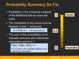 Copyright © 2016 Pearson Education, Ltd. Chapter 4, Slide 20
Probability Summary So Far
 Probability is the numerical measure
of the likelihood that an event will
occur
 The probability of any event must be
between 0 and 1, inclusively
 The sum of the probabilities of all
mutually exclusive and collectively
exhaustive events is 1
Certain
Impossible
0.5
1
0
0 ≤ P(A) ≤ 1 For any event A
1
P(C)
P(B)
P(A) 


If A, B, and C are mutually exclusive and
collectively exhaustive
 