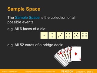 Copyright © 2016 Pearson Education, Ltd. Chapter 4, Slide 9
The Sample Space is the collection of all
possible events
e.g. All 6 faces of a die:
e.g. All 52 cards of a bridge deck:
Sample Space
 