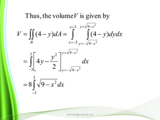 

 

















3
3
2
3
3
9
9
2
3
3
9
9
98
2
4
)4()4(
bygivenisvolumetheThus,
2
2
2
2
dxx
dx
y
y
dydxydAyV
V
xy
xy
x
x
xy
xyR
rahimahj@ump.edu.my
 