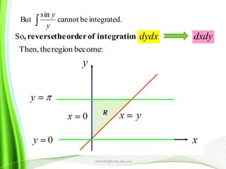 rahimahj@ump.edu.my
.integratedbecannot
sin
But  y
y
:nintegratiooforderthereverse,So dydx dxdy
:becomeregiontheThen,
 
