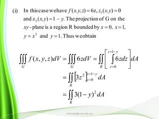 obtainweThus.1and
10byboundedRregionaisplane-
on theGofprojectionThe1)(zand
0)(6z,)(havewecaseIn this
2
2
1




yxy
,, xxxy
– y.x,y
x,yzx,y,zf
 


 















R
R
yz
z
R
yz
zGG
dAy
dAz
dAzdzzdVdVzyxf
2
1
0
2
1
0
)1(3
3
66),,(
rahimahj@ump.edu.my
(i)
 
