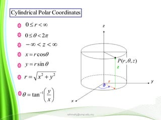rahimahj@ump.edu.my
sCoordinatePolarlCylindrica
cosrx 
sinry 
22
yxr 






 
x
y1
tan
 r0
 20 
 z
 