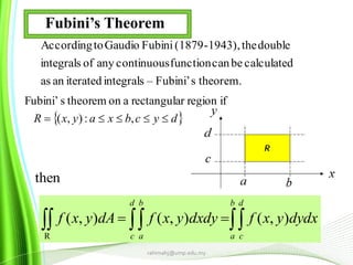 rahimahj@ump.edu.my
theorem.sFubini’–integralsiteratedanas
calculatedbecanfunctioncontinuousanyofintegrals
doublethe1943),-(1879FubiniGaudiotoAccording
 dycbxayxR  ,:),(
ifregionrrectangulaaontheoremsFubini’
  
b
a
d
c
d
c
b
a
dydxyxfdxdyyxfdAyxf ),(),(),(
R
then
Fubini’s Theorem
 