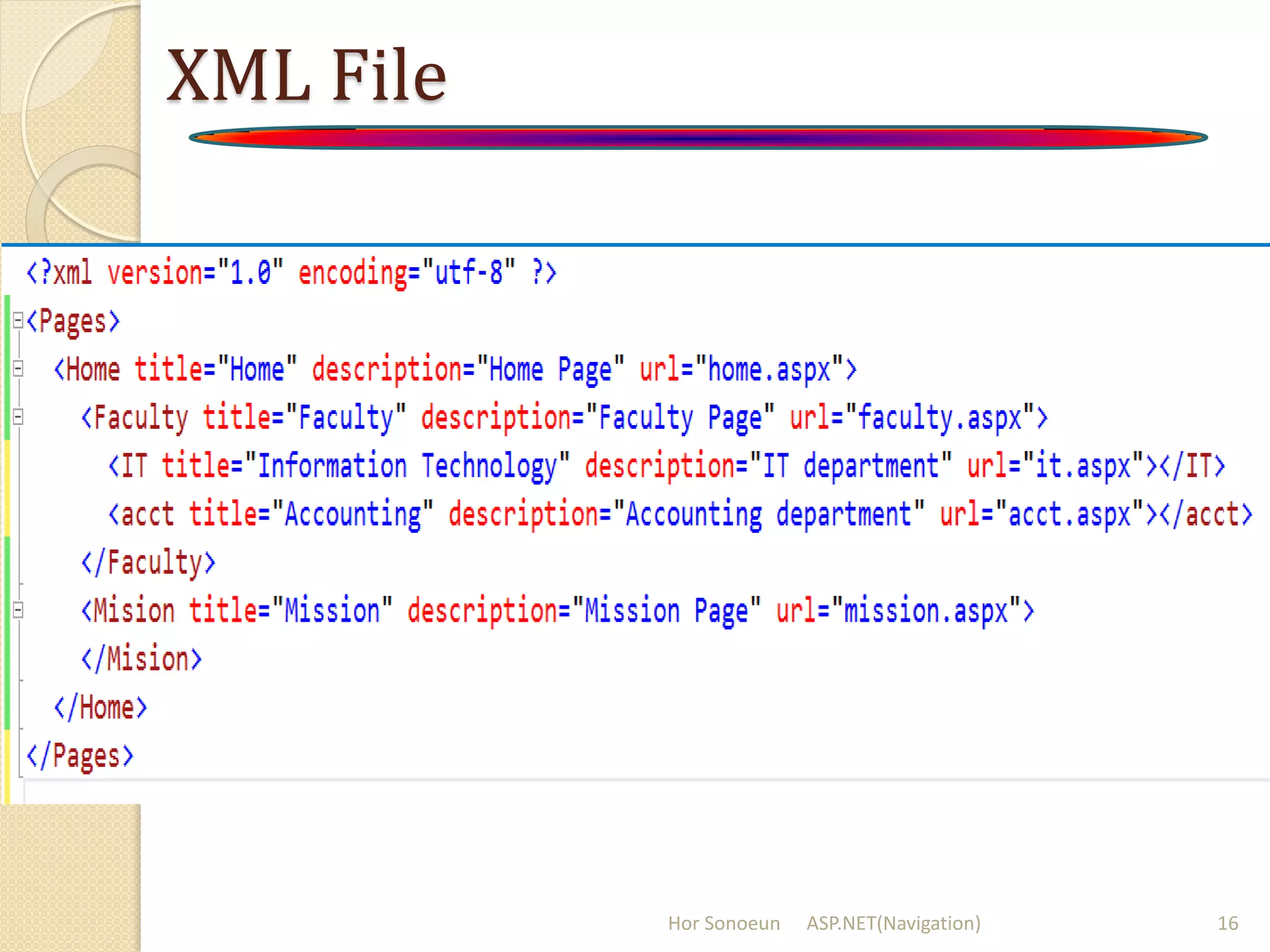XML File
Hor Sonoeun ASP.NET(Navigation) 16
 