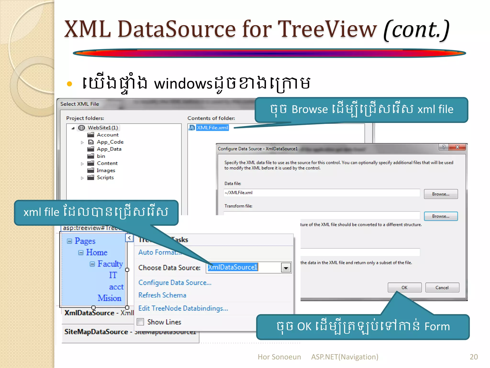 XML DataSource for TreeView (cont.)
 បយើងផ្លា ំង windows ូចខាងបត្កាម្
Hor Sonoeun ASP.NET(Navigation) 20
ចុច Browse ប ើម្បីបត្រើសបរើស xml file
ចុច OK ប ើម្បីត្រ រ់បៅកាន់ Form
xml file ដ លបានបត្រើសបរើស
 