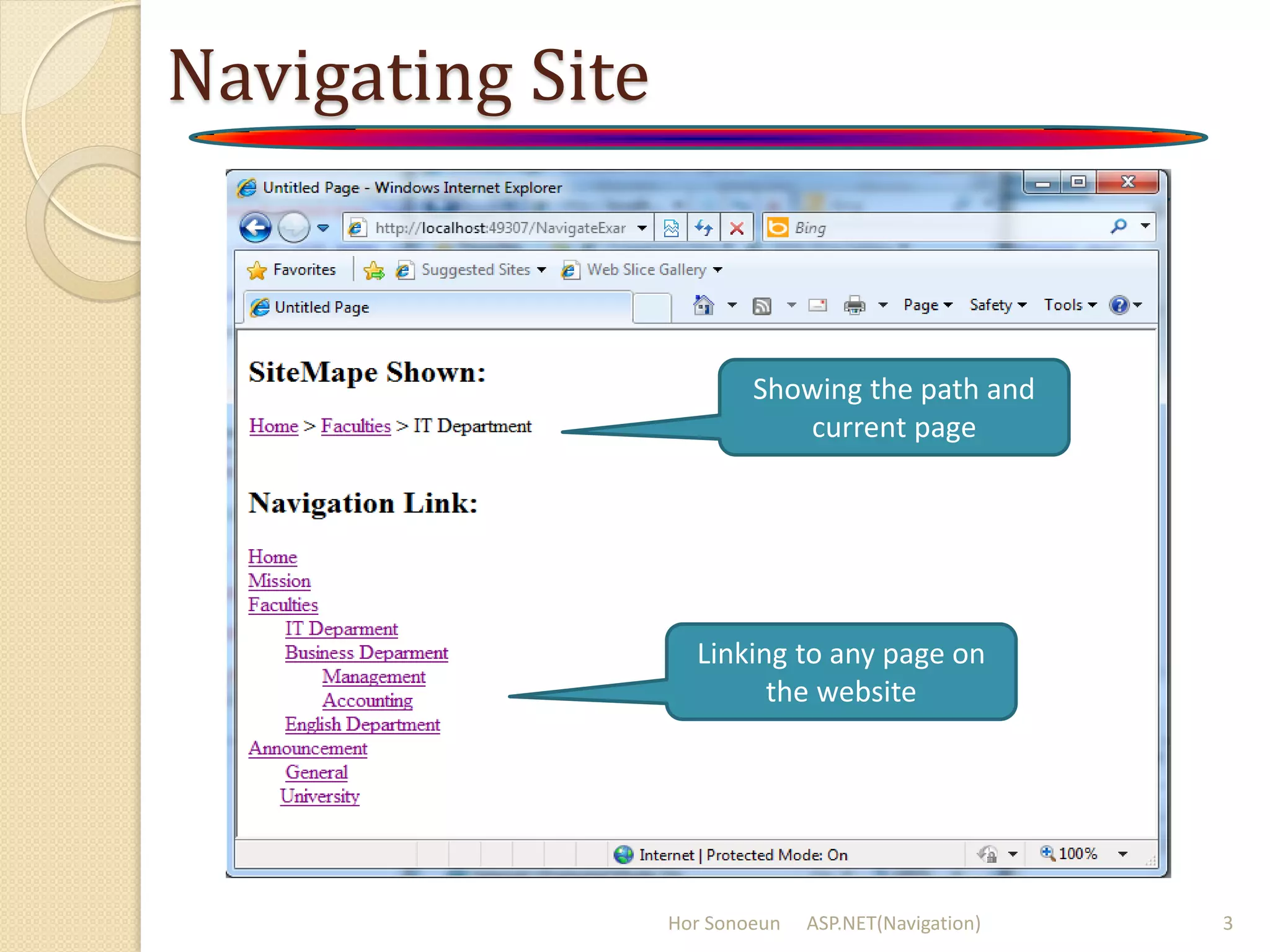 Navigating Site
Hor Sonoeun ASP.NET(Navigation) 3
Showing the path and
current page
Linking to any page on
the website
 