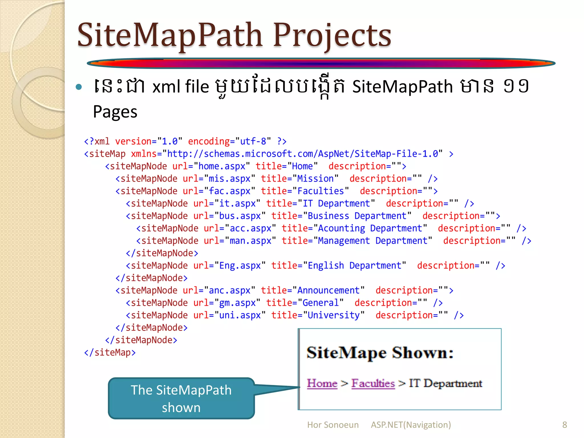 SiteMapPath Projects
 បនោះជា xml file ម្ួយដ លរបងកើរ SiteMapPath មាន ១១
Pages
Hor Sonoeun ASP.NET(Navigation) 8
The SiteMapPath
shown
 