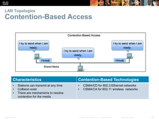 Presentation_ID 56© 2008 Cisco Systems, Inc. All rights reserved. Cisco Confidential
LAN Topologies
Contention-Based Access
Characteristics Contention-Based Technologies
• Stations can transmit at any time
• Collision exist
• There are mechanisms to resolve
contention for the media
• CSMA/CD for 802.3 Ethernet networks
• CSMA/CA for 802.11 wireless networks
 