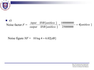 c)
Noise factor F =

input SNR [ unitless ] 100000000
=
= 4[ unitless ]
output 　SNR [unitless ]
25000000

Noise figure NF = 10 log 4 = 6.02[ dB ]

Dept. Of Communication Engineering,
Faculty Of Electrical And Electronics,
Universiti Tun Hussein Onn Malaysia

 