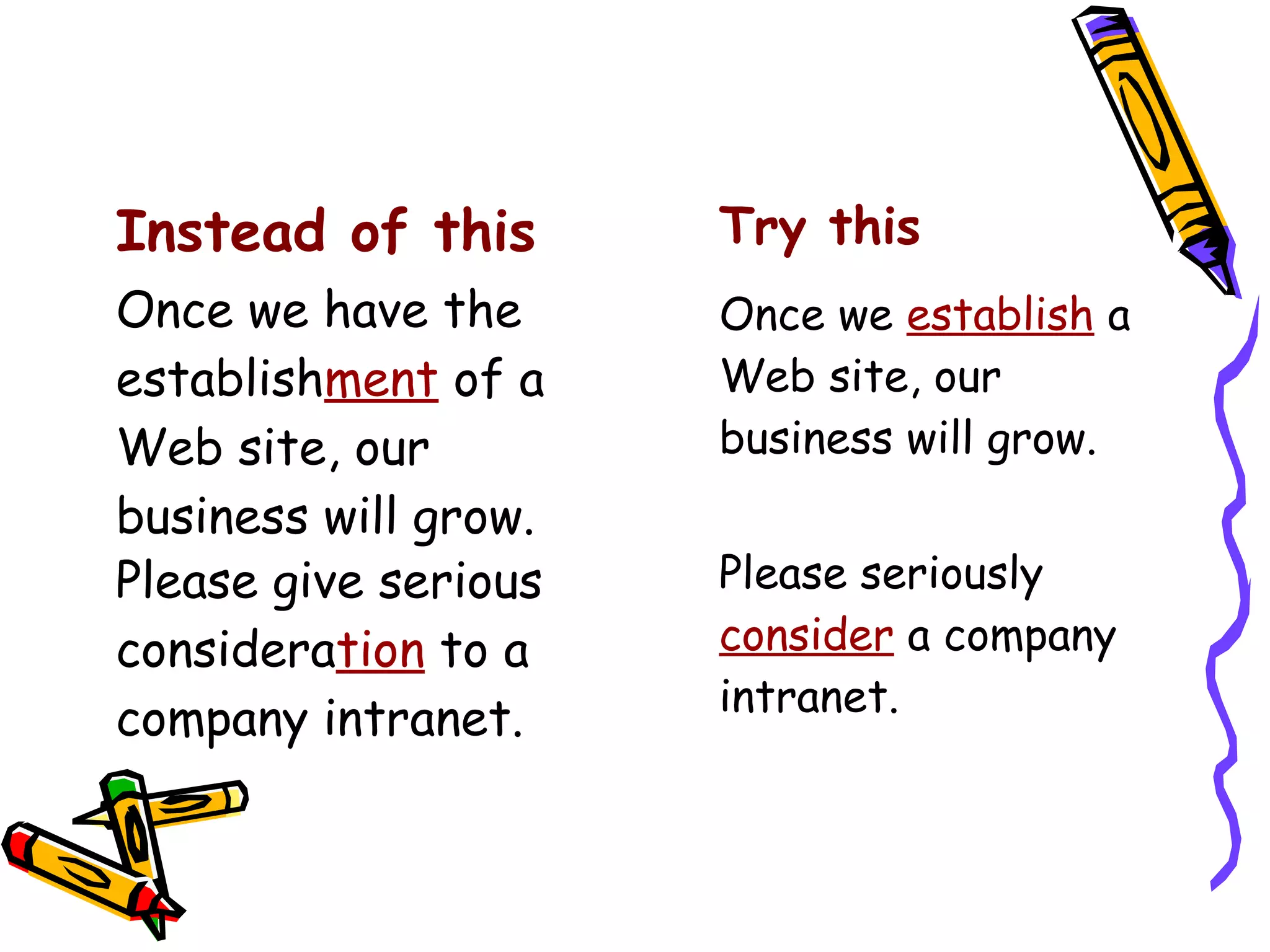 Instead of this

Try this

Once we have the
establishment of a
Web site, our
business will grow.
Please give serious
consideration to a
company intranet.

Once we establish a
Web site, our
business will grow.
Please seriously
consider a company
intranet.

 