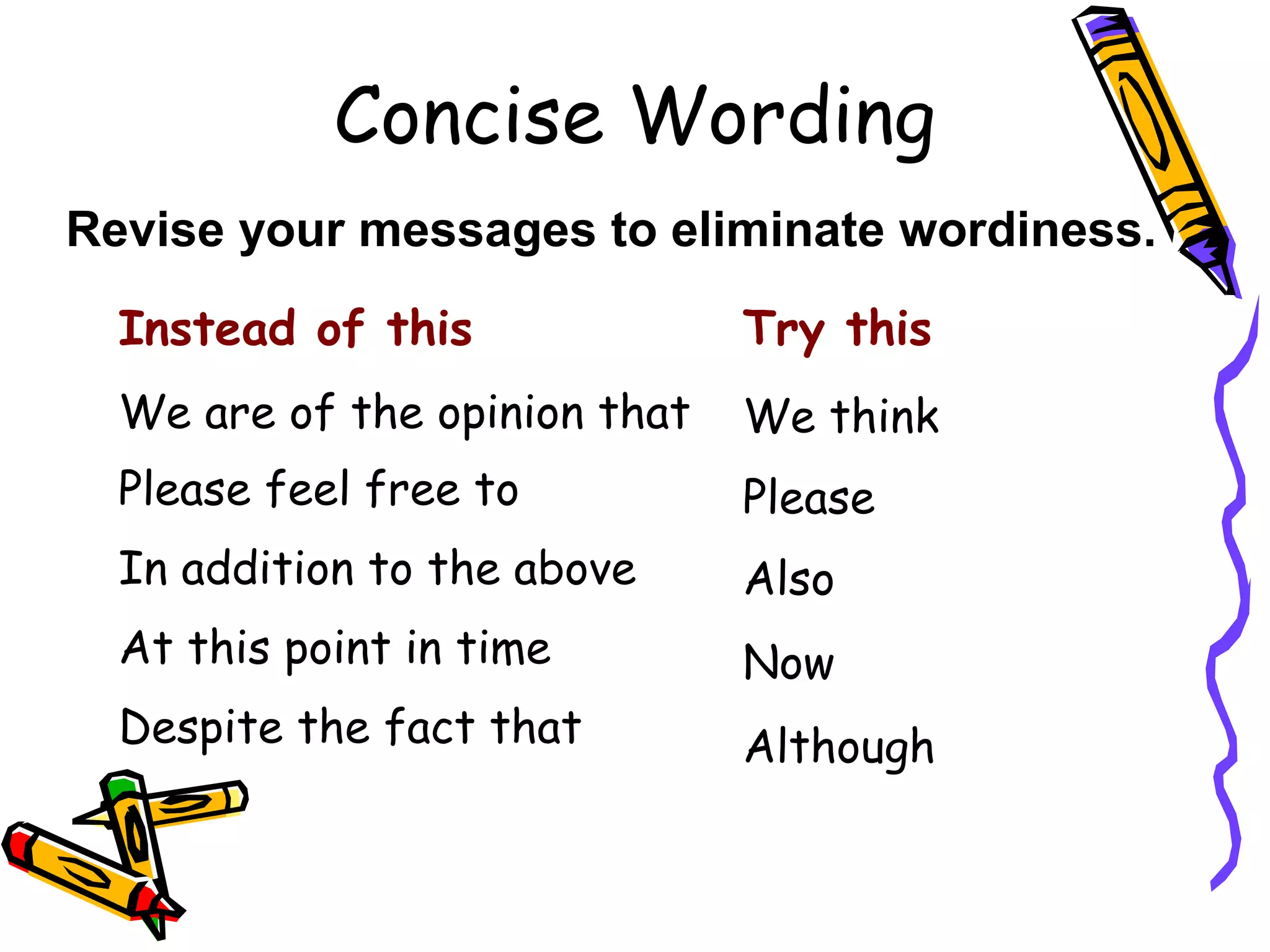 Concise Wording
Revise your messages to eliminate wordiness.
Instead of this

Try this

We are of the opinion that

We think

Please feel free to

Please

In addition to the above

Also

At this point in time

Now

Despite the fact that

Although

 