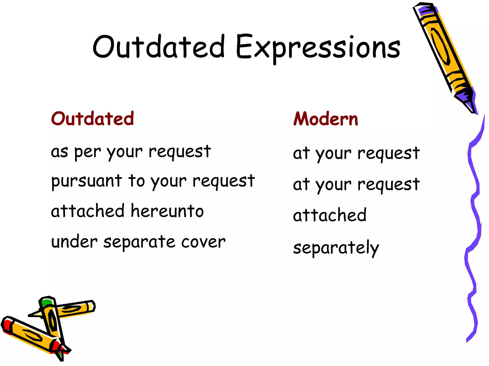 Outdated Expressions
Outdated

Modern

as per your request

at your request

pursuant to your request

at your request

attached hereunto

attached

under separate cover

separately

 