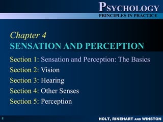 HOLT, RINEHART AND WINSTON
PPSYCHOLOGYSYCHOLOGY
PRINCIPLES IN PRACTICE
1
Chapter 4
SENSATION AND PERCEPTION
Section 1: Sensation and Perception: The Basics
Section 2: Vision
Section 3: Hearing
Section 4: Other Senses
Section 5: Perception
 