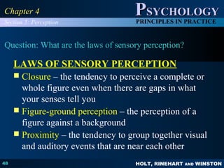 HOLT, RINEHART AND WINSTON
PPSYCHOLOGYSYCHOLOGY
PRINCIPLES IN PRACTICE
48
Chapter 4Chapter 4
Question: What are the laws of sensory perception?
LAWS OF SENSORY PERCEPTION
 Closure – the tendency to perceive a complete or
whole figure even when there are gaps in what
your senses tell you
 Figure-ground perception – the perception of a
figure against a background
 Proximity – the tendency to group together visual
and auditory events that are near each other
Section 5: Perception
 