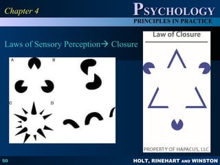HOLT, RINEHART AND WINSTON
PPSYCHOLOGYSYCHOLOGY
PRINCIPLES IN PRACTICE
Laws of Sensory Perception Closure
50
Chapter 4Chapter 4
 
