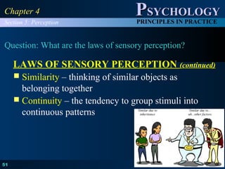 HOLT, RINEHART AND WINSTON
PPSYCHOLOGYSYCHOLOGY
PRINCIPLES IN PRACTICE
51
Chapter 4Chapter 4
Question: What are the laws of sensory perception?
 Similarity – thinking of similar objects as
belonging together
 Continuity – the tendency to group stimuli into
continuous patterns
Section 5: Perception
LAWS OF SENSORY PERCEPTION (continued)
 