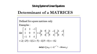 SolvingSystemofLinearEquations
det(a) = (𝒂𝒊𝒋∗ −𝟏
𝒊 + 𝒋
∗ 𝑴𝒊𝒏𝒐𝒓𝒊𝒋)
 