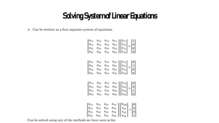 SolvingSystemofLinearEquations
 Can be written as a four separate system of equations
𝑎11
𝑎21
𝑎31
𝑎41
𝑎12
𝑎22
𝑎32
𝑎42
𝑎13
𝑎23
𝑎33
𝑎43
𝑎14
𝑎24
𝑎34
𝑎44
𝑥11
𝑥21
𝑥31
𝑥41
=
1
0
0
0
𝑎11
𝑎21
𝑎31
𝑎41
𝑎12
𝑎22
𝑎32
𝑎42
𝑎13
𝑎23
𝑎33
𝑎43
𝑎14
𝑎24
𝑎34
𝑎44
𝑥12
𝑥22
𝑥32
𝑥42
=
0
1
0
0
𝑎11
𝑎21
𝑎31
𝑎41
𝑎12
𝑎22
𝑎32
𝑎42
𝑎13
𝑎23
𝑎33
𝑎43
𝑎14
𝑎24
𝑎34
𝑎44
𝑥12
𝑥22
𝑥32
𝑥42
=
0
0
1
0
𝑎11
𝑎21
𝑎31
𝑎41
𝑎12
𝑎22
𝑎32
𝑎42
𝑎13
𝑎23
𝑎33
𝑎43
𝑎14
𝑎24
𝑎34
𝑎44
𝑥14
𝑥24
𝑥34
𝑥44
=
0
0
0
1
Can be solved using any of the methods we have seen so far.
 