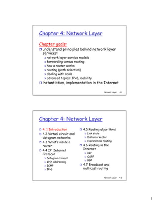 Chapter 4: Network Layer

Chapter goals:
 understand principles behind network layer
 services:
   network layer service models
   forwarding versus routing
   how a router works
   routing (path selection)
   dealing with scale
   advanced topics: IPv6, mobility
 instantiation, implementation in the Internet

                                           Network Layer   4-1




Chapter 4: Network Layer
 4. 1 Introduction          4.5 Routing algorithms
 4.2 Virtual circuit and      Link state
 datagram networks            Distance Vector
                              Hierarchical routing
 4.3 What’s inside a
 router                     4.6 Routing in the
 4.4 IP: Internet           Internet
                              RIP
 Protocol
                              OSPF
   Datagram format
                              BGP
   IPv4 addressing
   ICMP                     4.7 Broadcast and
   IPv6                     multicast routing

                                           Network Layer   4-2




                                                                 1
 