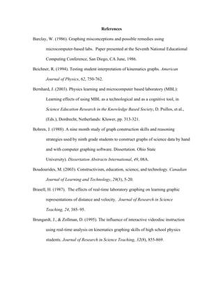 References

Barclay, W. (1986). Graphing misconceptions and possible remedies using

       microcomputer-based labs. Paper presented at the Seventh National Educational

       Computing Conference, San Diego, CA June, 1986.

Beichner, R. (1994). Testing student interpretation of kinematics graphs. American

       Journal of Physics, 62, 750-762.

Bernhard, J. (2003). Physics learning and microcomputer based laboratory (MBL):

       Learning effects of using MBL as a technological and as a cognitive tool, in

       Science Education Research in the Knowledge Based Society, D. Psillos, et al.,

       (Eds.), Dordrecht, Netherlands: Kluwer, pp. 313-321.

Bohren, J. (1988). A nine month study of graph construction skills and reasoning

       strategies used by ninth grade students to construct graphs of science data by hand

       and with computer graphing software. Dissertation. Ohio State

       University). Dissertation Abstracts International, 49, 08A.

Boudourides, M. (2003). Constructivism, education, science, and technology. Canadian

       Journal of Learning and Technology, 29(3), 5-20.

Brasell, H. (1987). The effects of real-time laboratory graphing on learning graphic

       representations of distance and velocity. Journal of Research in Science

       Teaching, 24, 385–95.

Brungardt, J., & Zollman, D. (1995). The influence of interactive videodisc instruction

       using real-time analysis on kinematics graphing skills of high school physics

       students. Journal of Research in Science Teaching, 32(8), 855-869.
 