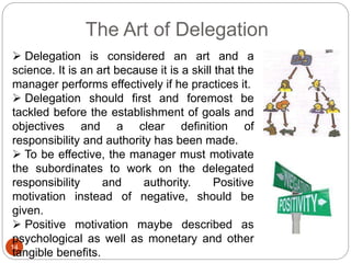 The Art of Delegation
14
 Delegation is considered an art and a
science. It is an art because it is a skill that the
manager performs effectively if he practices it.
 Delegation should first and foremost be
tackled before the establishment of goals and
objectives and a clear definition of
responsibility and authority has been made.
 To be effective, the manager must motivate
the subordinates to work on the delegated
responsibility and authority. Positive
motivation instead of negative, should be
given.
 Positive motivation maybe described as
psychological as well as monetary and other
tangible benefits.
 