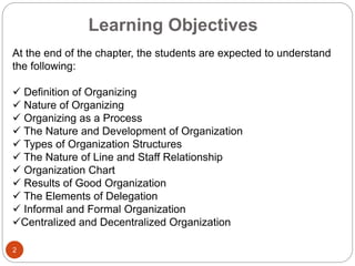 Learning Objectives
2
At the end of the chapter, the students are expected to understand
the following:
 Definition of Organizing
 Nature of Organizing
 Organizing as a Process
 The Nature and Development of Organization
 Types of Organization Structures
 The Nature of Line and Staff Relationship
 Organization Chart
 Results of Good Organization
 The Elements of Delegation
 Informal and Formal Organization
Centralized and Decentralized Organization
 