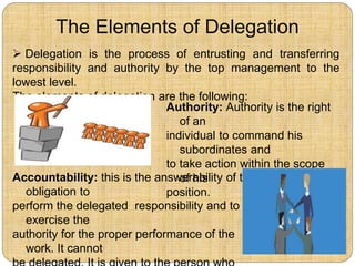 The Elements of Delegation
 Delegation is the process of entrusting and transferring
responsibility and authority by the top management to the
lowest level.
The elements of delegation are the following:
Accountability: this is the answerability of the
obligation to
perform the delegated responsibility and to
exercise the
authority for the proper performance of the
work. It cannot
Authority: Authority is the right
of an
individual to command his
subordinates and
to take action within the scope
of his
position.
 