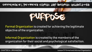 Differences between Formal and Informal Organization
Formal Organization is created for achieving the legitimate
objective of the organization.
Informal Organization is created by the members of the
organization for their social and psychological satisfaction.
 