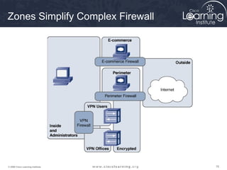Zones Simplify Complex Firewall




© 2009 Cisco Learning Institute.   76
 