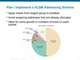 Plan / Implement a VLSM Addressing Scheme
 Apply masks from largest group to smallest
 Avoid assigning addresses that are already allocated
 Allow for some growth in numbers of hosts on each
  subnet




   © 2006 Cisco Systems, Inc. All rights reserved.   Cisco Public   11
 
